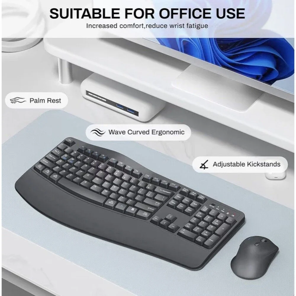 Wireless Keyboard and Mouse Combo,2.4G Full Size Wave Keys Ergonomic Keyboard